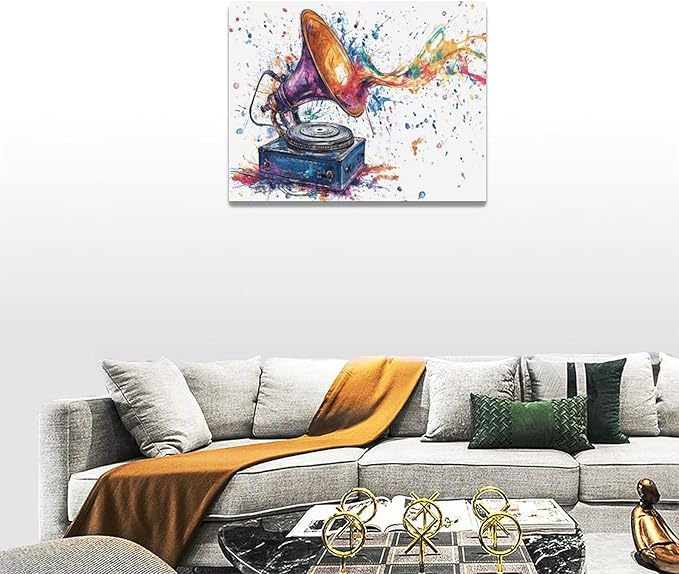 Fleruku Watercolor Phonograph Wall Art Colorful Phonograph Wall Decor Pictures Canvas Painting Artwork Home Decorations for Living Room Bedroom Bathroom Office Nursery Classroom 16"x12"