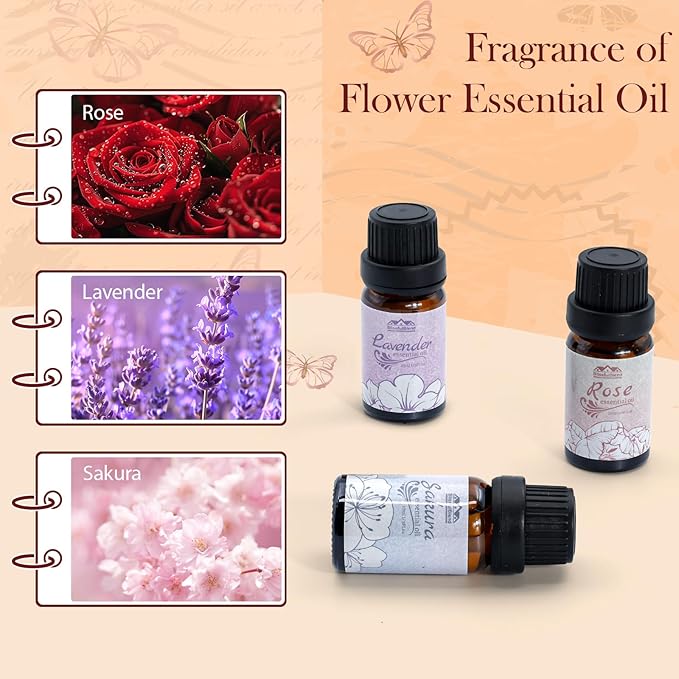 Floral Essential Oils Set Diffuser for Home, Hotel and Car Care, 6 Flavors Lavender, Jasmine, Rose, Chamomile, Sakura, Gardenia, Flower Fragrance Diffuser Essential Oil Gifts for Candle Making 10ML