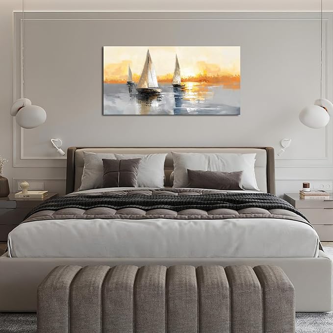 Large Sailboat Wall Art Nautical Boat Pictures Wall Decor Abstract Coastal Canvas Prints Painting Modern Framed Artwork for Bedroom Living Room Dining Room Bathroom Office 60"x30"