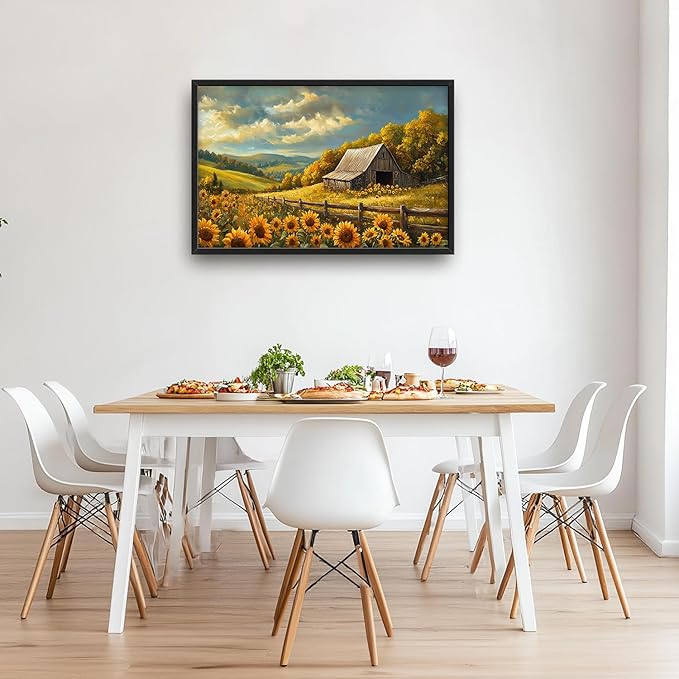 SweetFox Extra Large Barn Sunflower Framed Wall Art for Living Room, Farmhouse Barn Pictures Oversized Wall Decor Abstract Big Canvas Painting Print Artworks for Bathroom Master Bedroom 36L X 24W