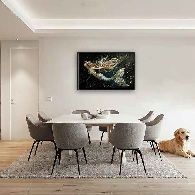 Mermaid Large Framed Wall Art for Living Room Golden Mermaid Pictures Wall Decor Ocean Print Painting Artwork Modern Home Decoration for Bedroom Office 36x24 inch