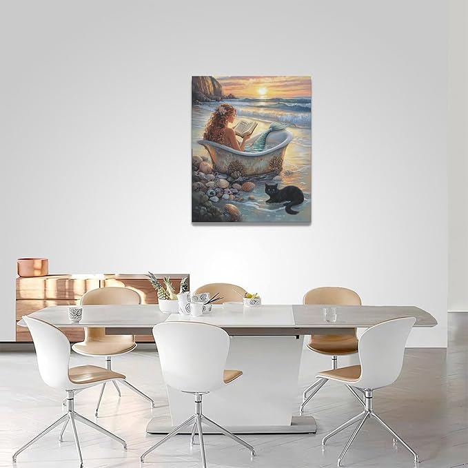 Mermaid Wall Art Beach Coastal Nautical Wall Decor Sunset Cat Pictures Canvas Painting Framed Artwork Home Decorations for Bathroom Living Room Bedroom Office 16"x20"