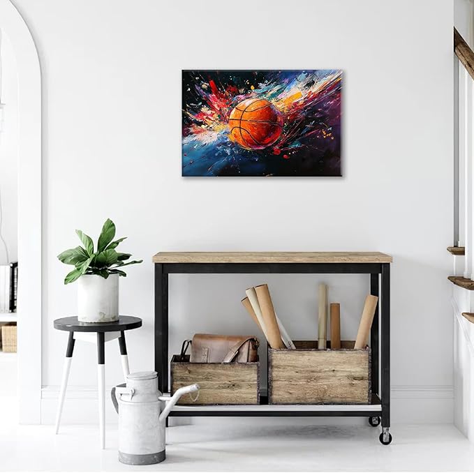 Olivine Basketball Wall Art, Graffiti Sports Picture, Colorful Sport Canvas Print Painting, Framed Artwork for Bathroom Bedroom Living Room Office Home Decoration 24"x16"