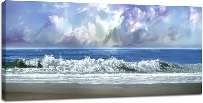 Bogosip Blue Ocean Wall Art Decor Beach Picture for Wall White Wave Painting Seascape Theme Large Canvas Print Modern Frame Artwork for Bedroom Bathroom Living Room Office 60"x30"