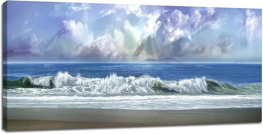 Bogosip Blue Ocean Wall Art Decor Beach Picture for Wall White Wave Painting Seascape Theme Large Canvas Print Modern Frame Artwork for Bedroom Bathroom Living Room Office 60"x30"