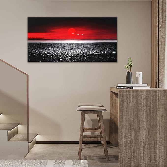 Moon Wall Art Large Red Black And White Canvas Prints Beach Coastal Ocean Picture Wall Decor Japanese Modern Framed Artwork Home Decorations for Living Room Dining Room Office 60"x30"