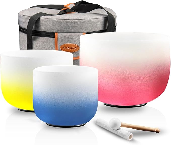 8-12 Inch Set of 3 Gradient Design Quartz Crystal Singing Bowl Chakra Set with Free Carrying Case and Suede Sticker & O-ring