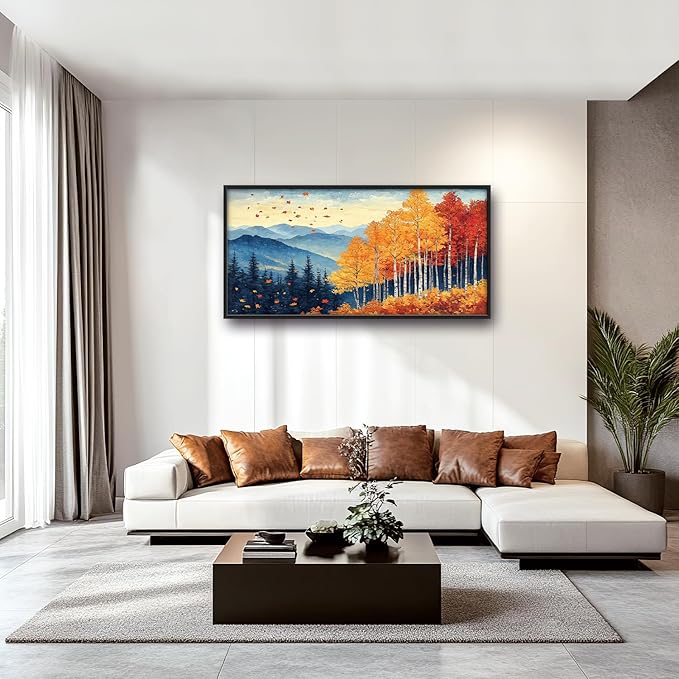 Fall Maple Leaf Large Wall Art Autumn Leaves Pictures Wall Decor Mountain Canvas Landscape Painting Modern Artwork Home Decoration for Living Room Bathroom Bedroom Office Framed 60"x30"