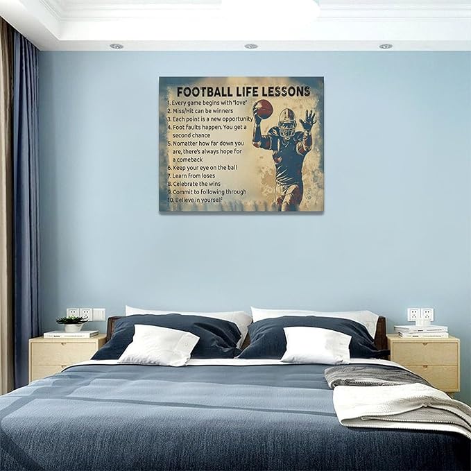 Farmhouse Football Wall Art For Boy Room Rustic Football Life Lessons Wall Decor Retro Football Sign Canvas Painting Artwork Home Decorations for Man Teenager Office Bedroom Living Room 20"x16"