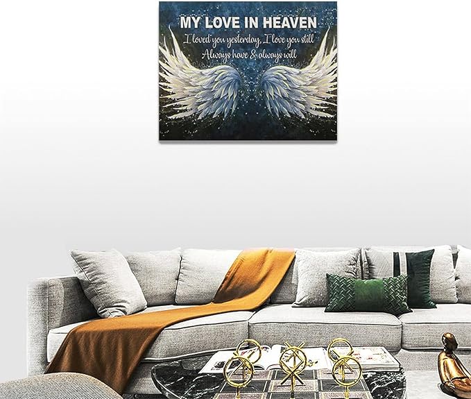 Fleruku Angel Wings Wall Art Memorial Motivational Wall Decor Wings My Love In Heaven Pictures Canvas Painting Artwork Home Decorations for Living Room Bedroom Bathroom Office 16"x12"