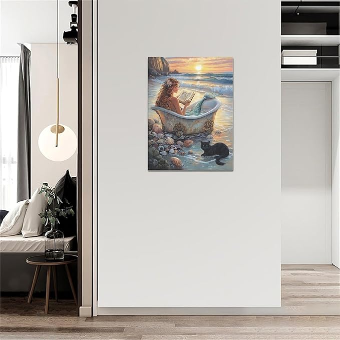 Mermaid Wall Art Beach Coastal Nautical Wall Decor Sunset Cat Pictures Canvas Painting Framed Artwork Home Decorations for Bathroom Living Room Bedroom Office 12"x16"