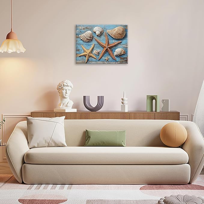 Olivine Seashell Wall Art, Coastal Starfish Pictures Wall Decor, Beach Theme Painting, Blue Seashell Canvas Prints, Framed Artwork for Bathroom Bedroom Living Room Office Home Decoration 16''x12''