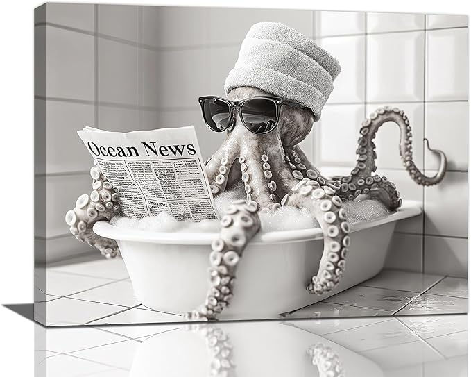 Olivine Octopus Wall Art, Funny Animal Pictures Wall Decor, Black And White Painting, Octopus Bathtub Canvas Prints, Framed Artwork for Bathroom Bedroom Living Room Office Home Decoration 16"x12"