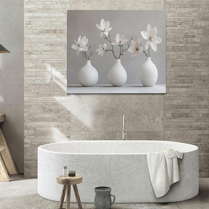 Bathroom Wall Art Zen Wall Decor Spa White Flower Pictures Canvas Painting Framed Artwork Home Decorations for Yoga Meditation Room Living Room Bedroom 24"x20"