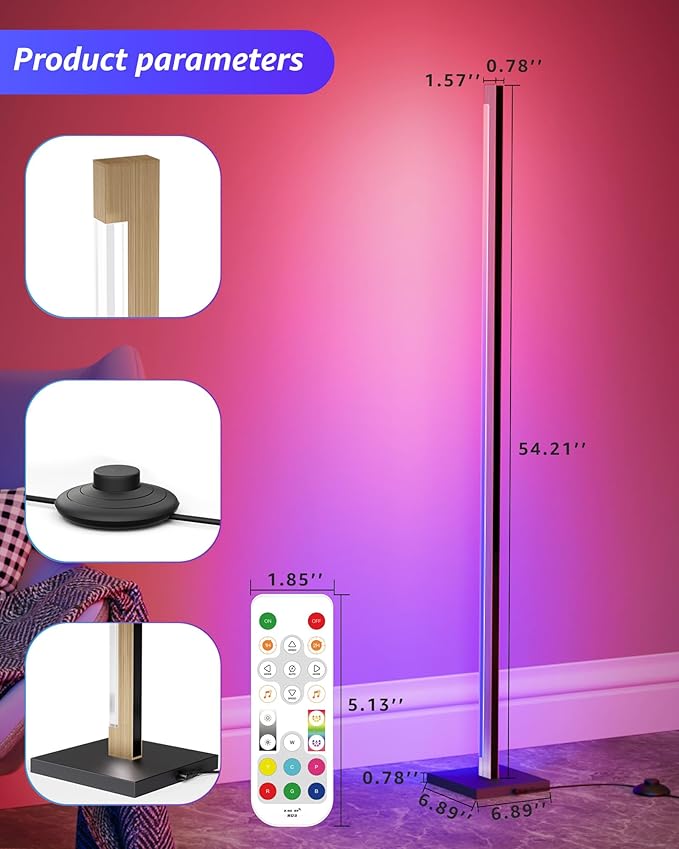 Gold Floor Lamp with Remote, Aluminum RGB LED Corner Lamp with Alexa, 1600 Lumen Standing Lamp with DIY Music Sync and 16 Million Colors, Smart Dimmable Floor Lamp for Living Rooms, Bedrooms