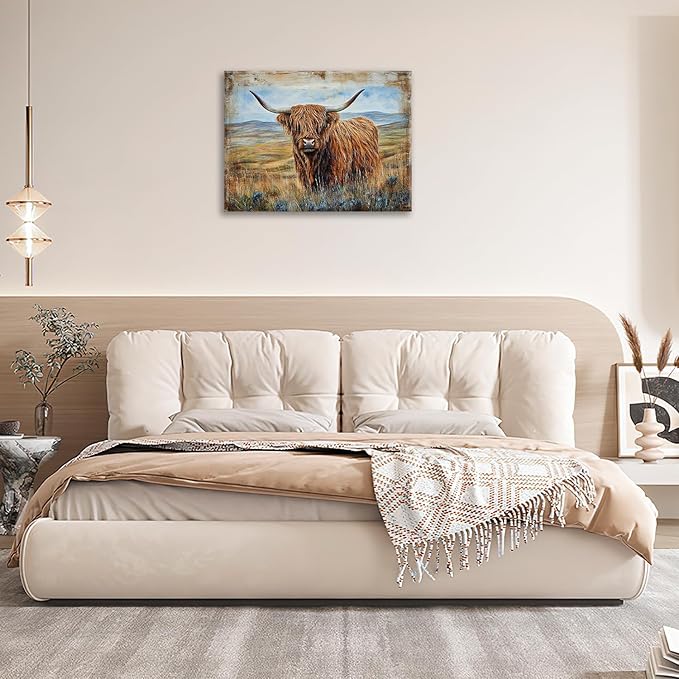 Olivine Highland Cow Wall Art, Rustic Farmhouse Cow Pictures Wall Decor, Country Painting Canvas Prints, Framed Artwork for Bathroom Bedroom Living Room Office Home Decoration 24"x20"