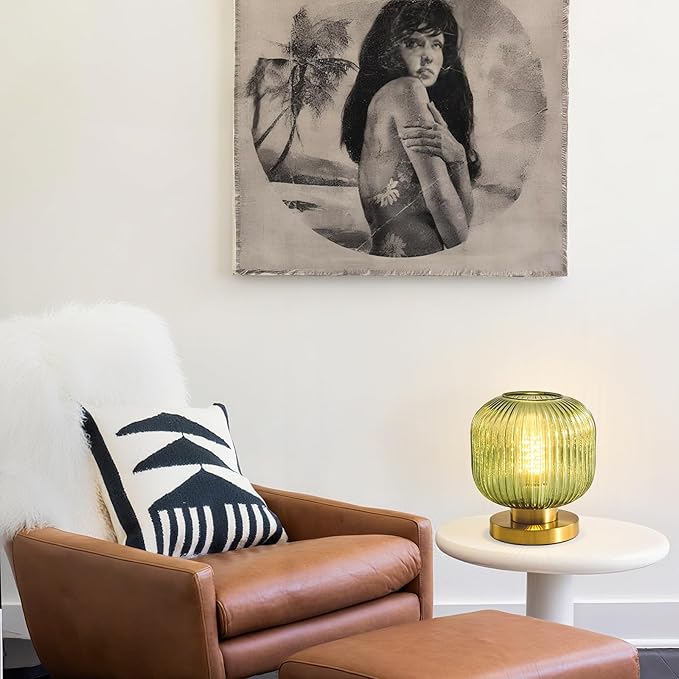 Small Green Glass Table Lamp: Mid Century Modern Dimmable Nightstand Lamps - Vintage Decor Brass Desk Lamp with Plug - Ribbed Glass Bedside Tables Lamps for Bedroom Living Room Office Bulb Excluded