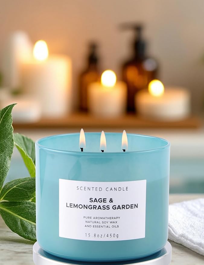 Sage Lemongrass Garden 3 Wick Scented Candle | Large Soy Candles for Home 15.8 oz | Long Lasting Stress Relief Candle | Soothing Sage Candles for Cleansing | Aromatherapy Candle Gift for Women & Men