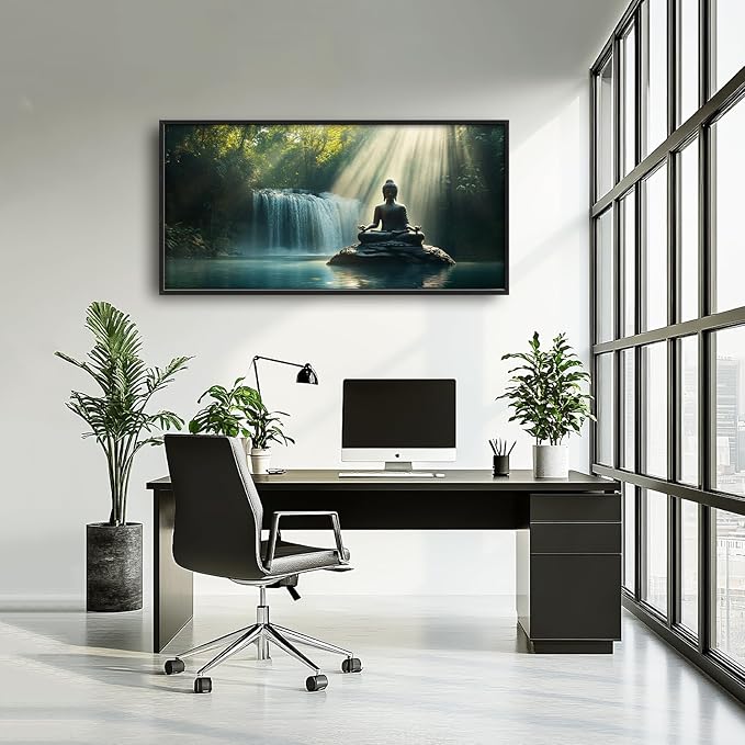 SweetFox Extra Large Buddha Framed Wall Art for Living Room, Zen Buddha Statue Pictures Oversized Wall Decor Forest Waterfall Big Canvas Painting Print Artwork for Bathroom Master Bedroom 60L X 30W