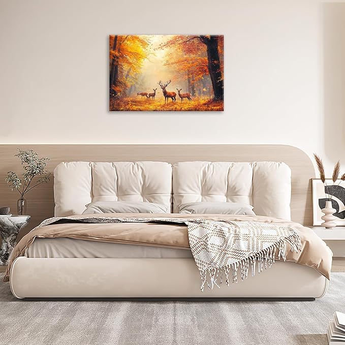 Olivine Deer Wall Art, Autumn Forest Pictures Wall Decor, Wildlife Painting, Fall Landscape Canvas Prints, Framed Artwork for Bathroom Bedroom Living Room Office Home Decoration 24''x16''
