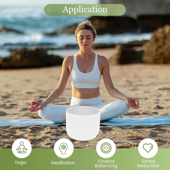 432HZ 8 Inchs C Note White Frosted Crystal Singing Bowl for Meditation Healing Yoga Chakra Quartz Crystal Sound Bowls with Heavy Duty Carry Case and Rubber Mallet,Suede Striker,O-rings