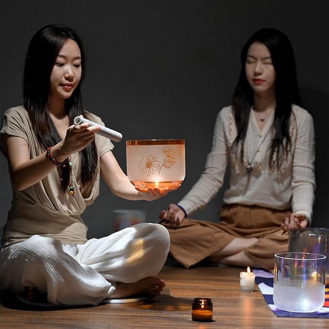 6 inch F note Cosmic Light Clear Orange Butterfly Quartz Crystal Singing Bowl with Mallet & O-ring