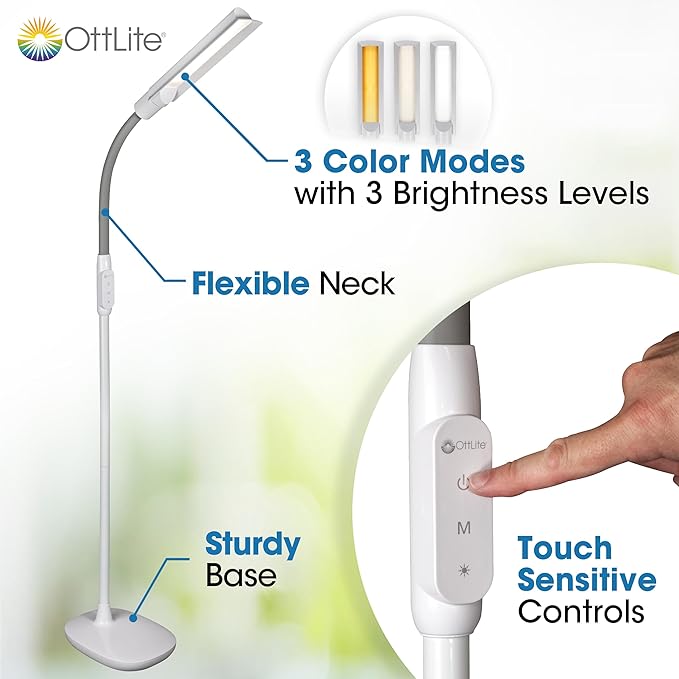 OttLite WingShade LED Floor Lamp, Clearsun, White, Shipper