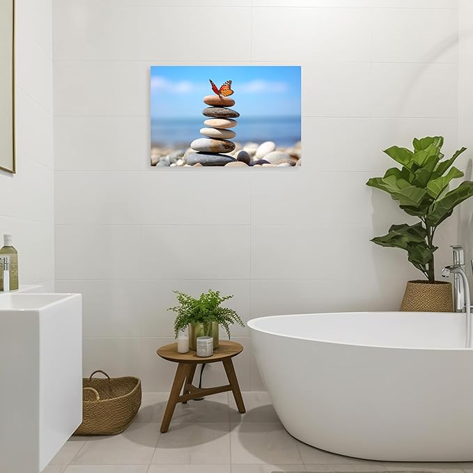 ARTZGX Zen Stone Wall Art Canvas Spa Bathroom Pictures Butterfly Print Meditation Still Life Painting for Yoga Room Decor Frame(Zen - D 16.00" x 24.00")
