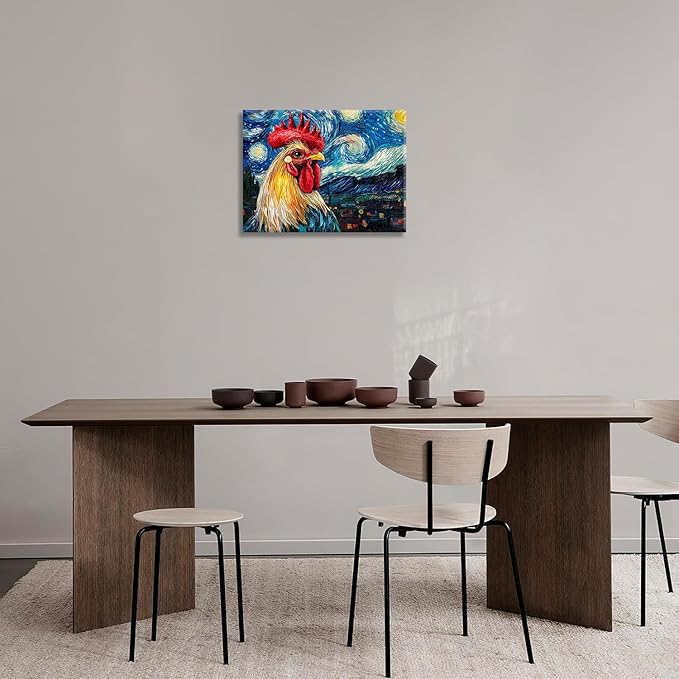 Olivine Rooster Wall Art, Vintage Chicken Pictures Wall Decor, Starry Night Painting Farmhouse Rooster Canvas Prints, Framed Artwork for Bathroom Bedroom Living Room Office Home Decoration 24"x20"