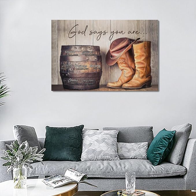 God says you are decor wall art western cowboy canvas Pictures cowboy boots Wall Decor Christian Canvas Prints Painting Framed Artwork for Bathroom living room Bedroom 24"x16"
