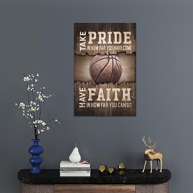 Fleruku Rustic Basketball Wall Art Sports Wall Decor Inspirational Quotes Brown Pictures Basketball Sign Canvas Painting Artwork Home Decorations For Boy Man Teenager Fans Bedroom Living Room 16"x24"