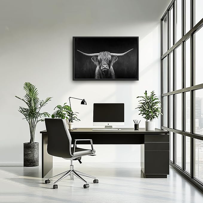 SweetFox Extra Large Highland Cow Framed Wall Art for Living Room, Black and White Longhorn Cattle Pictures Oversized Wall Decor Abstract Canvas Painting Print Artwork for Bathroom Bedroom 36L X 24W