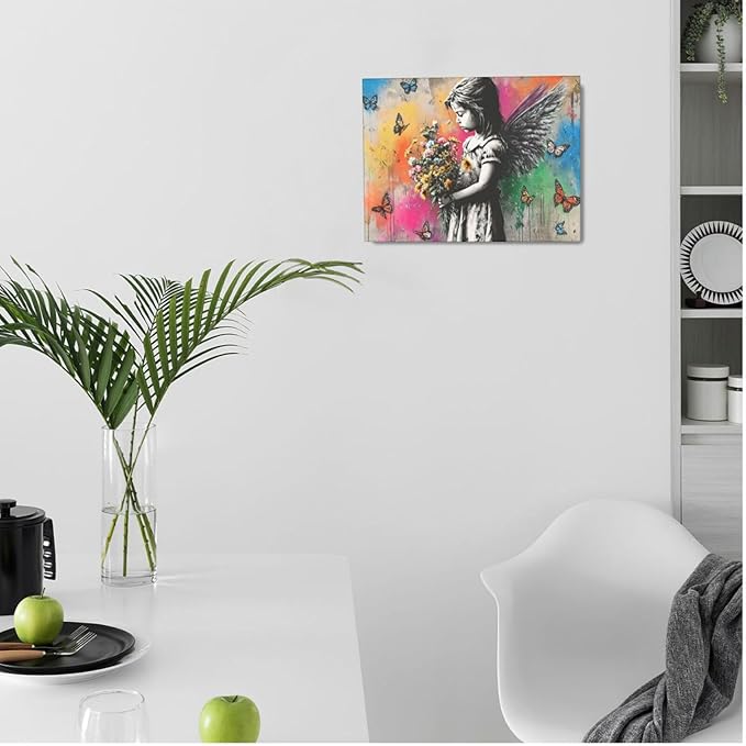 Banksy Wall Art Butterfly Girl Pictures Street Pop Art Graffiti Canvas Wall Decor Vintage Kids Aesthetic Painting Artwork Decorations Framed for Living Room Bedroom Bathroom Kid Room Office 12"x16"
