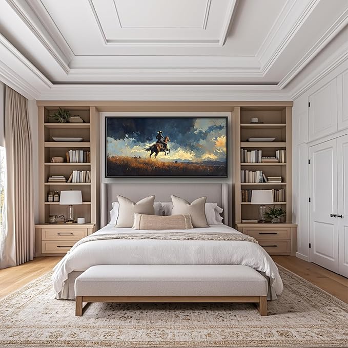 SweetFox Extra Large Western Cowboy Framed Wall Art for Living Room, Cowboy on Horseback Pictures Oversized Wall Decor Abstract Canvas Painting Print Artworks for Bathroom Master Bedroom 60L X 30W