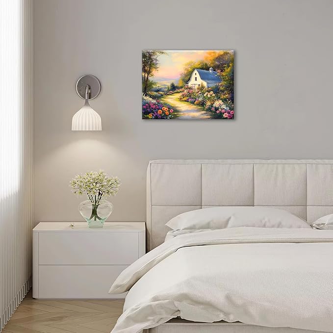 Olivine Garden Wall Art, Barn Pictures Wall Decor, Sunset Painting Vintage Village Garden Canvas Print, Framed Artwork for Living Room Bedroom Bathroom Office Home Decoration 16"x12"