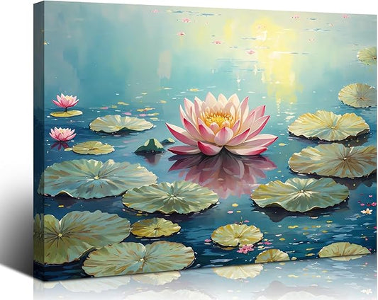 Pink Lotus Wall Art Prints,Framed Watercolor Lotus Flower Print Wall Art for Zen Office Decor Wall Art,Botanical Canvas Art Print for Bathroom Home Office Living Room Yoga Decor(12" x16)