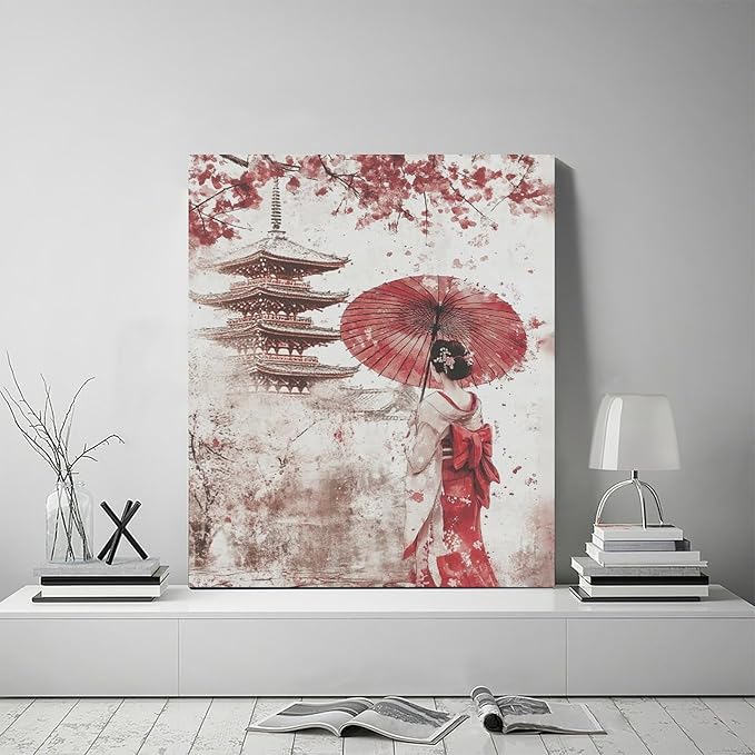 Japan Wall Art Japanese Geisha Wall Decor Cherry Blossoms Farmhouse Japan Pictures Canvas Painting Artwork Home Decorations for Living Room Bedroom Bathroom Office Classroom 20"x24"