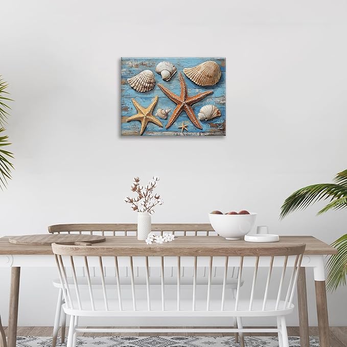 Olivine Seashell Wall Art, Coastal Starfish Pictures Wall Decor, Beach Theme Painting, Blue Seashell Canvas Prints, Framed Artwork for Bathroom Bedroom Living Room Office Home Decoration 16''x12''