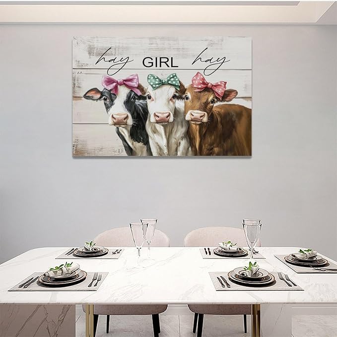 Olivine Cow Wall Art, Farmhouse Pictures Wall Decor, Cows Painting, Country Rustic Canvas Prints, Framed Artwork for Living Room Bedroom Bathroom Home Decoration 24"x16"