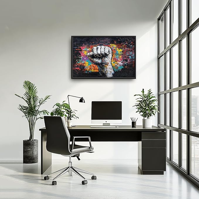 SweetFox Extra Large Graffiti Fist Framed Wall Art for Living Room, Raised Fist Street Art Pictures Oversized Wall Decor Abstract Canvas Painting Print Artwork for Bathroom Master Bedroom 36L X 24W