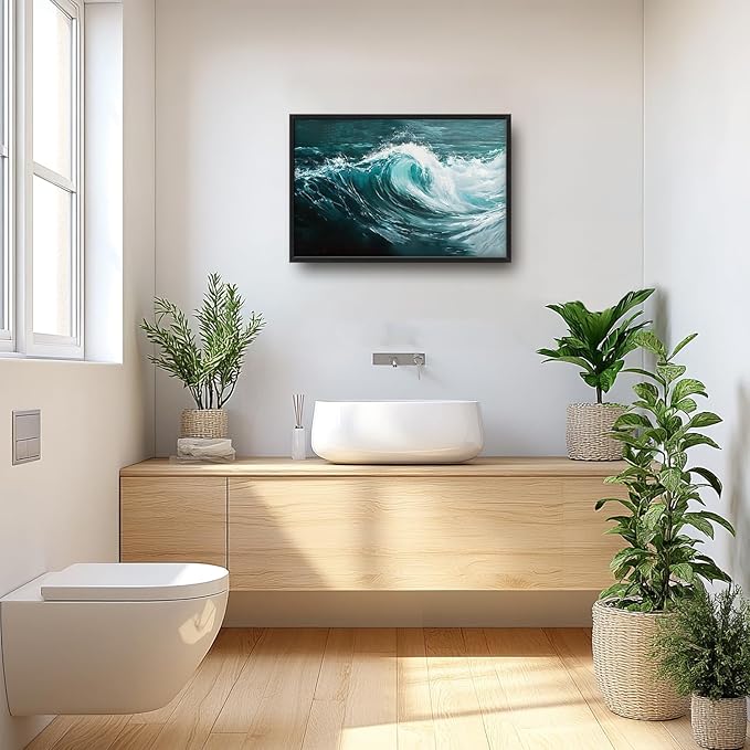 SweetFox Extra Large Ocean Wave Framed Wall Art for Living Room, Coastal Sea Ocean Pictures Oversized Wall Decor Abstract Big Canvas Painting Print Artworks for Bathroom Master Bedroom 36L X 24W