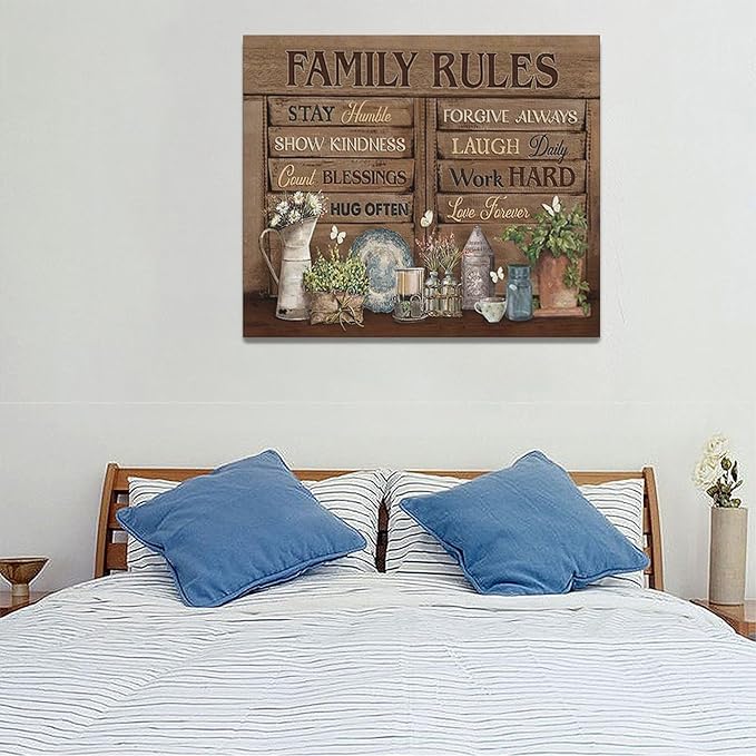 Country Family Rules Wall Art Farmhouse Inspiration Wall Decor Rustic Flower Home Sign Pictures Canvas Painting Artwork Home Decorations For Living Room Bedroom Bathroom Office 24"x20"