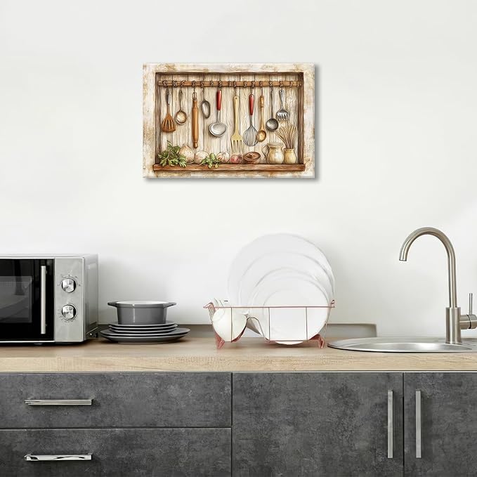 Olivine Kitchen Wall Art, Farmhouse Kitchen Pictures Wall Decor, Rustic Kitchenware Painting Canvas Prints,Framed Artwork for Dining Room Living Room Office Home Decoration 24"x16"