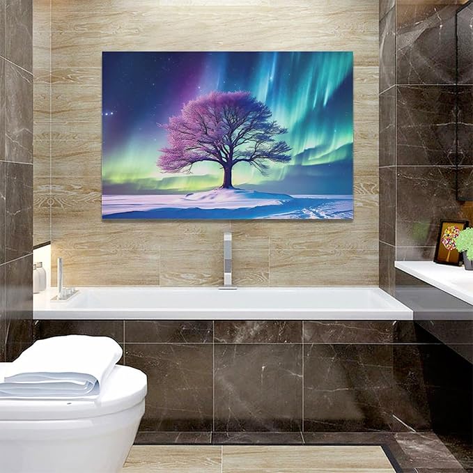 Northern Lights Bathroom Decor Aurora Wall Art Tree canvas Snow Painting Canvas Prints Framed Artwork for Bathroom kitchen Bedroom Living Room 24"x16"