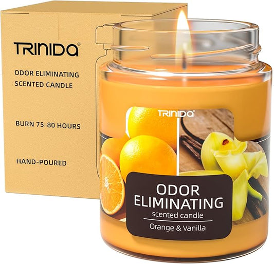 TRINIDa Orange & Vanilla Odor Eliminating Candles for Home Scented, Eliminates 99% of Pet, Smoke, Food and Other Smells Quickly, Highly Fragranced Candle, Premium Soy Candles Set for Women