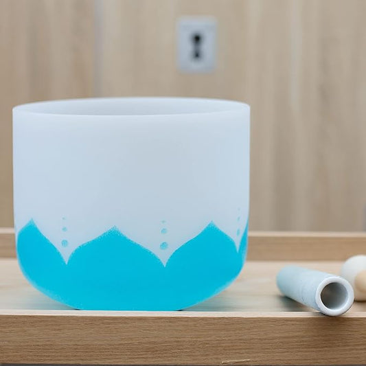 Leize Crystal Singing Bowl 432hz G Note Throat Chakra Blue Lotus Design 8" Wide with Suede Striker