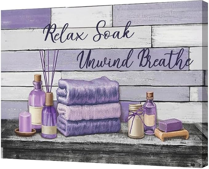 Farmhouse Bathroom Wall Art Relax Soak Unwind Breathe Wall Decor Rustic Bathroom Pictures Canvas Painting Framed Artwork Purple Country Home Decorations for Toilet Lavatory 24"x20"