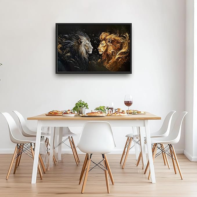 SweetFox Extra Large Lion King Framed Wall Art for Living Room, Lion and Golden Lioness Pictures Oversized Wall Decor Abstract Canvas Painting Print Artworks for Bathroom Master Bedroom 36L X 24W