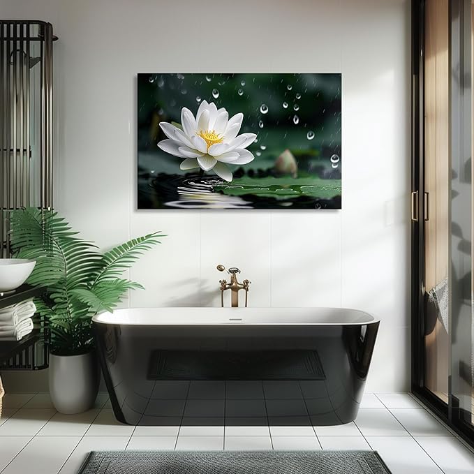 White Lotus Canvas Wall Art - Zen Wall Decor Flower on Water Picture Relax Meditation Zen Art for Living Room Bedroom Bathroom Home Decor Framed(20.00x30.00 inch)