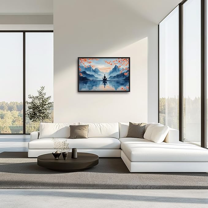 Zen Large Wall Art Buddha Lake Pictures Wall Decor Cherry Blossom Canvas Landscape Meditation Print Painting Modern Artwork Home Decoration for Yoga Spa Living Room Bathroom Bedroom Office Framed 36"x24"